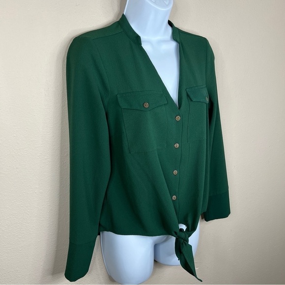 Monteau Green Long Sleeve Button Down Blouse Womens Small Stretch - Picture 4 of 7